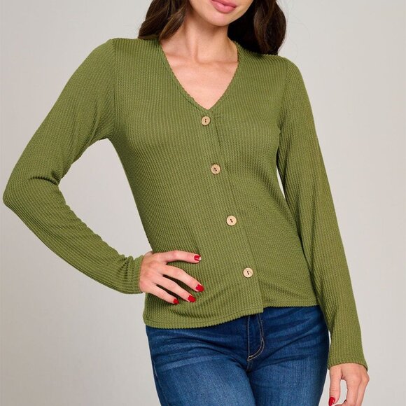 Womens Basic Button Front Long Sleeve Soft Ribbed Knit Soft Stretchy Sweater Top - Picture 1 of 7